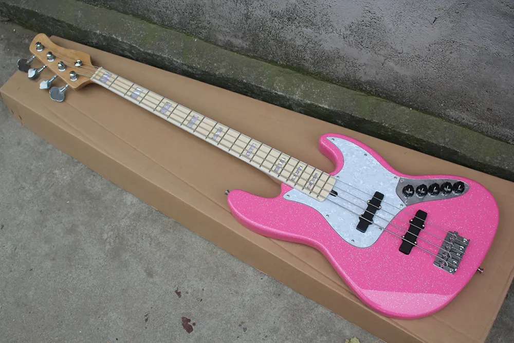 Factory Custom Pink 4-String Electric Bass with Chrome Hardwares,White Pearl Pickguard,Maple Fretboard,Offer Customized