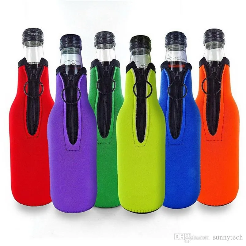 Beer Bottle Cooler Sleeves with Ring Zipper Collapsible Neoprene Insulators for 12oz 330ml Bottles Party Drink Coolies