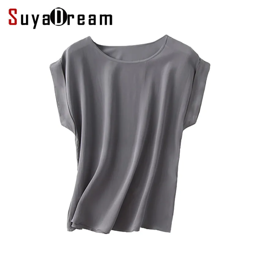 Kobiety Prawdziwe Jedwabne T Shirt Krótki Bat Rękaw Solid Szyfonowa Koszula Luźna Koszula 100% Naturalny Jedwabnik Basic Top Plus Size 2019 Letni Downing J190424