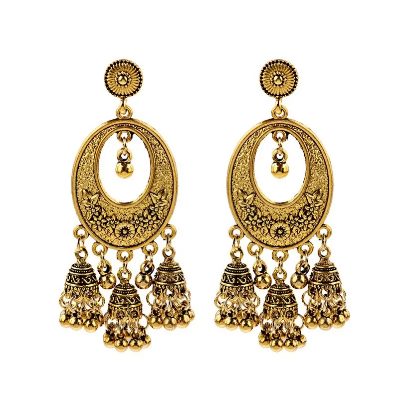 Or l'Egypte Vintage Jhumka Bells Tassel Boucles d'oreilles pour les femmes Vintage turque tribal Goutte d'Eau Indian Jewelry