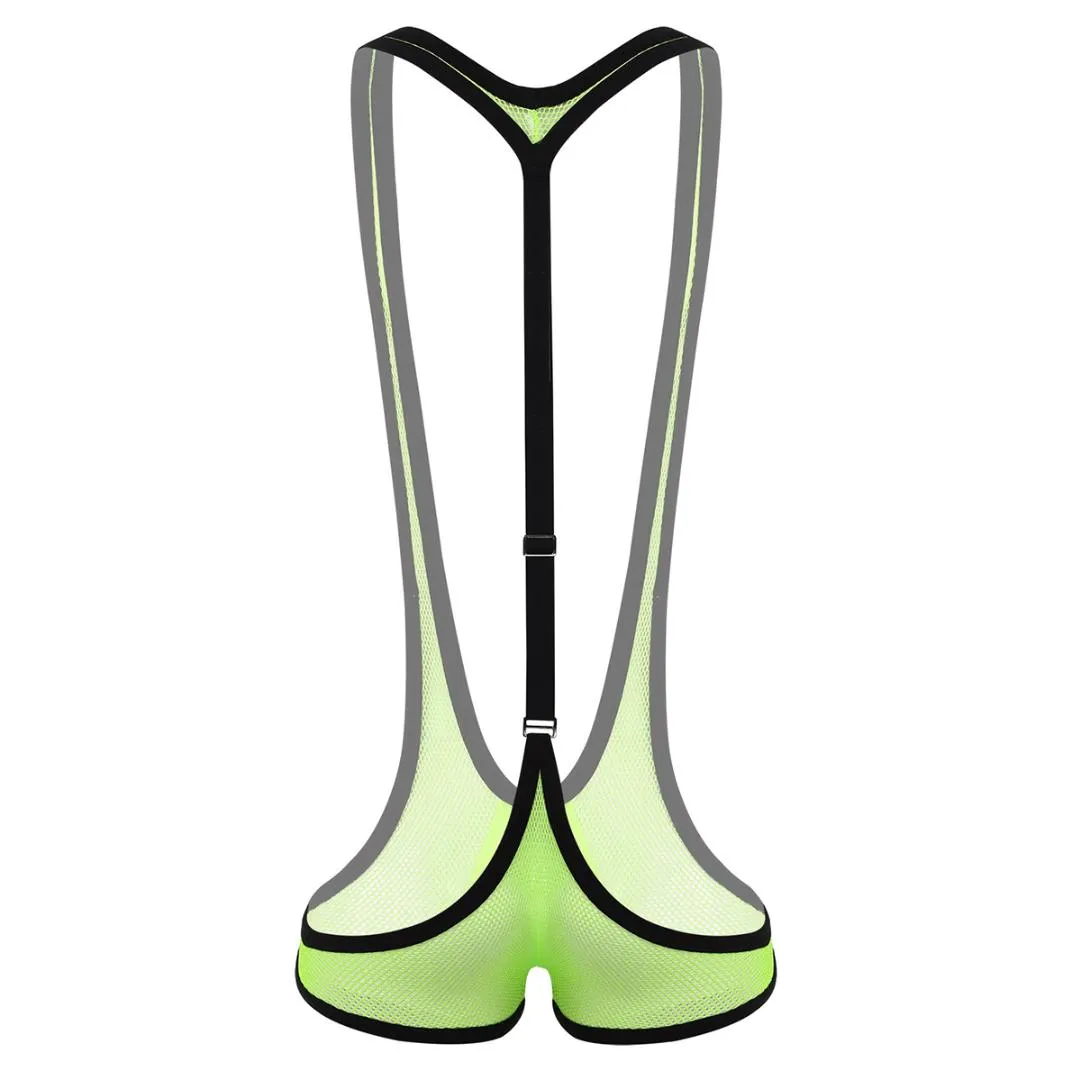 Men's Fishnet Hollow Out Wrestling Singlet Bodysuit - Sleeveless Thong Style Jumpsuit
