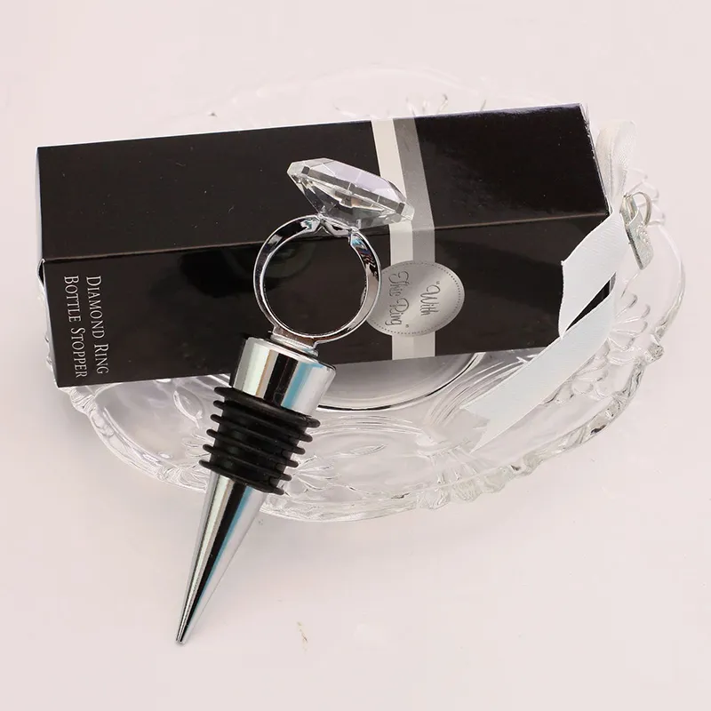 10pcs cristal bague en chrome bouchon de bouteille avec boîte noire faveurs de mariage faveur de vin cadeau de noël nouveau