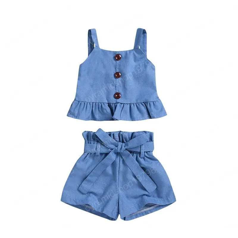 Hot rea 2020 Ins denim baby flickdräkter Sommar Småbarnsset Linne+Shorts 2st/set baby flicka märkeskläder tjejkläder