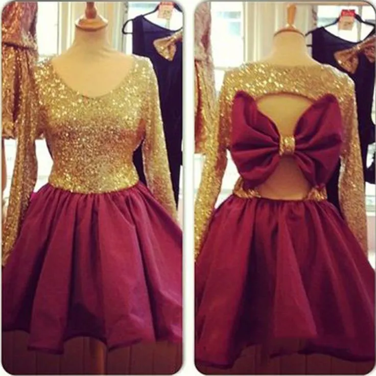 Sparkly Gold Sequined Short Party Prom Homecoming Dresses Real Photo Burgundy Jewel Neck Long Sleeves Bows Graduation Cocktail Dress Cheap