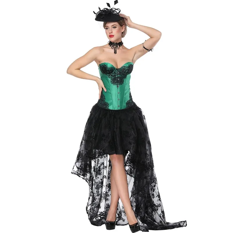 Kobiety Halloween Kostium Eyelash Koronki Overbus Corset Top i Czarny Kwiatowy Mesh Hi-Lo Długie Skir S-XXL Burlesque Gorset Dress 2 PC Zestaw Outfit