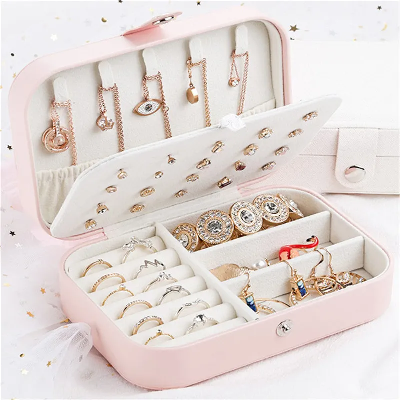 Protable PU Leder Schmuck Box Halskette Ring Ohrringe Lagerung Organizer Halter Reise Kosmetik Schönheit Zubehör Vitrine