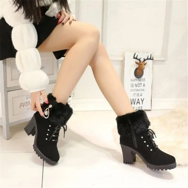 Hot Sale-winter women boots new solid color plus velvet warm women's riding boots with non-slip high-heeled round head women shoes 35-41