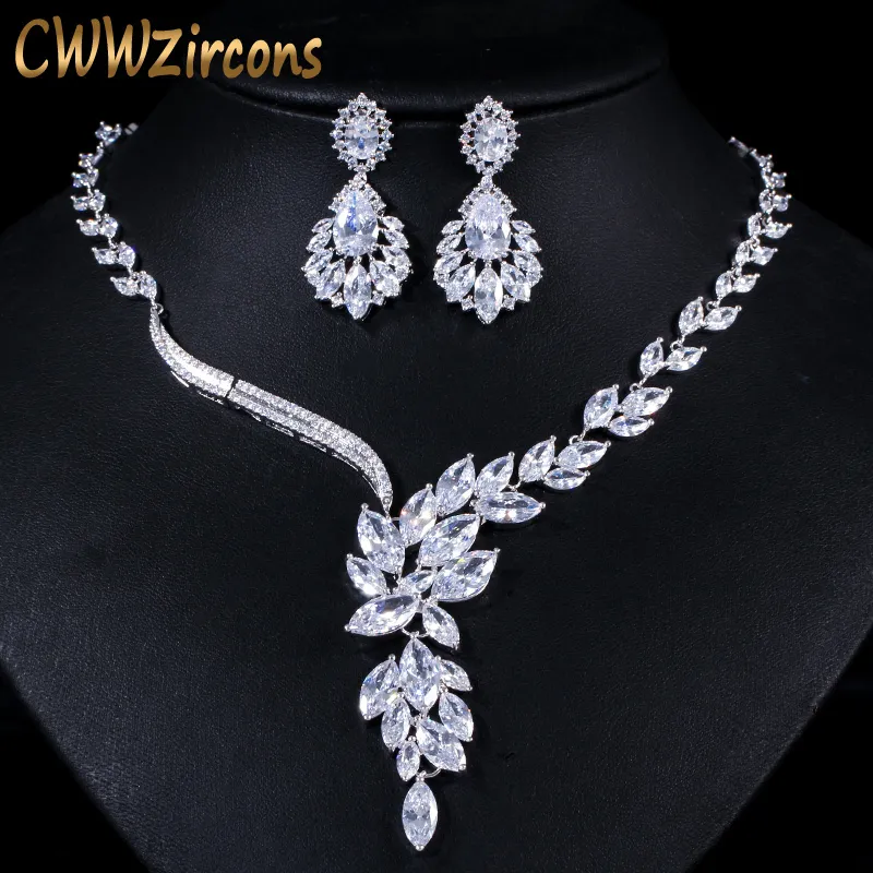 Cwwzircons Marca Cubic Zirconia Accessori per gioielli da sposa Collana con strass da sposa e set di orecchini per le spose T142 T190701