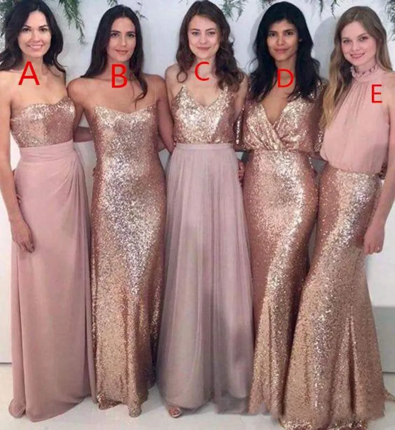 5 estilos vestidos largos de dama de honor 2019 verano lentejuelas y gasa sirena vestidos de dama de honor para boda vestido de dama de honor barato