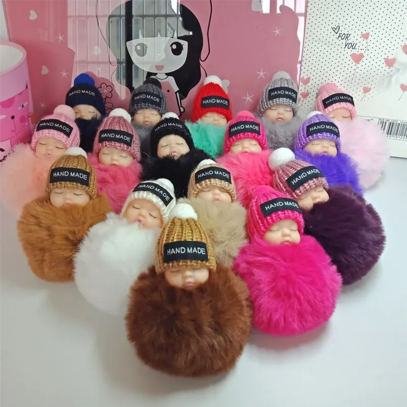 DHL 귀여운 잠자는 아기 인형 키 체인 Pompom 토끼 모피 공 카라비너 ​​키 체인 열쇠 고리 여성 키 홀더 가방 펜던트 키 반지 키즈 장난감