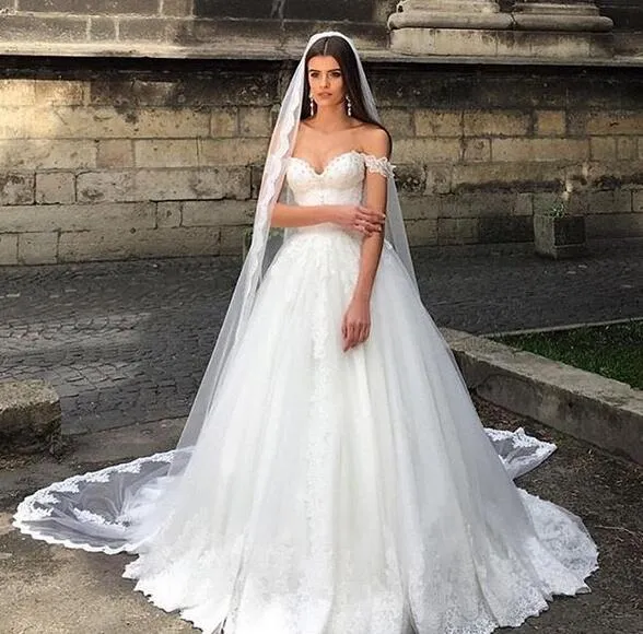 Muslim Off Shoulder A Line Lace Long Off Shoulder Wedding Dresses