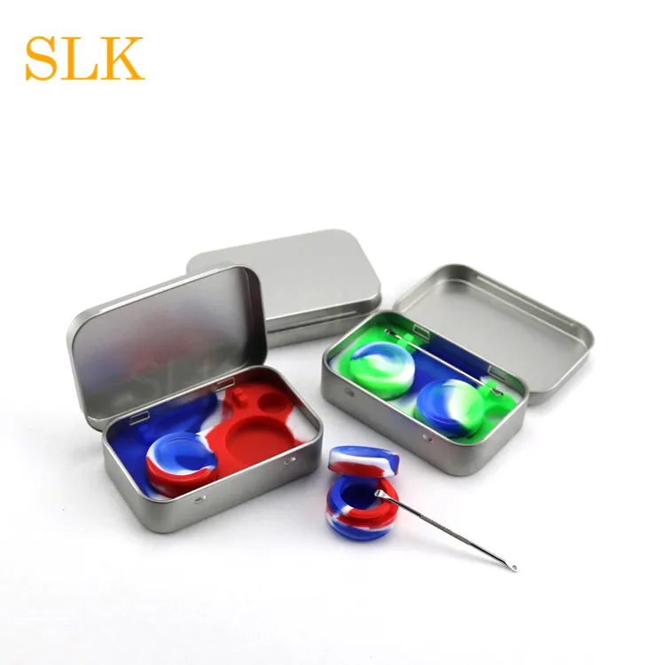 4 in 1 teneke kutu silikon dabber kavanoz kiti 2 adet 5 ml balmumu saklama kabı siyah gümüş durumda özel logo kauçuk dab konteynerler