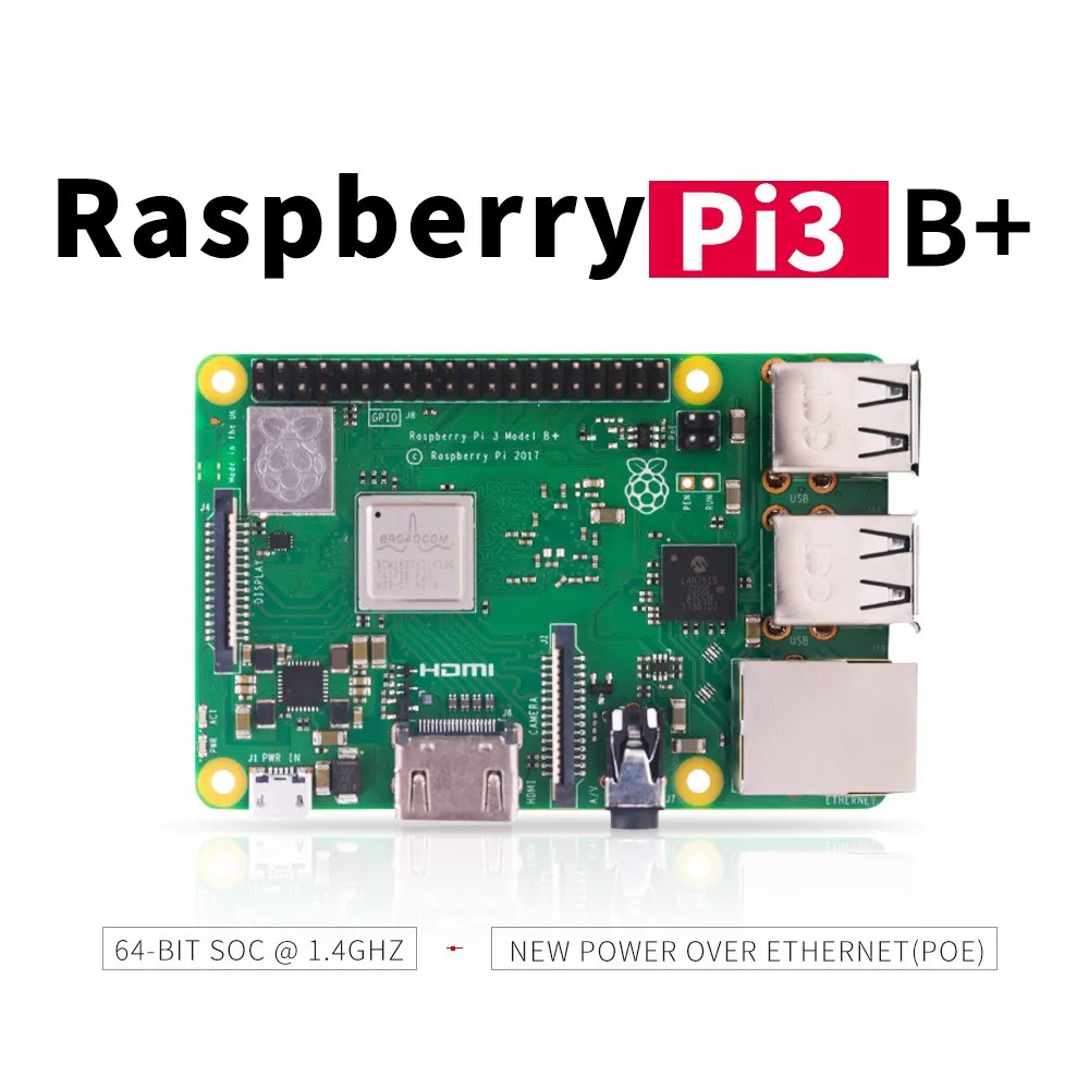 Neuer originaler Raspberry Pi 3 Modell B+ (Stecker), integrierter Broadcom 1,4 GHz Quad-Core 64-Bit-Prozessor, WLAN, Bluetooth und USB-Anschluss