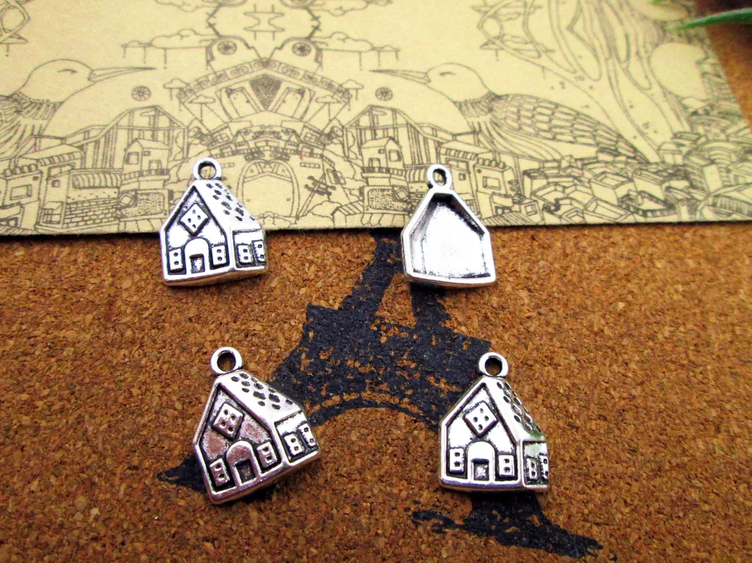 60 Stück - Haus-Charms, antike tibetische Silber-Haus-Charm-Anhänger, 17 x 13 mm