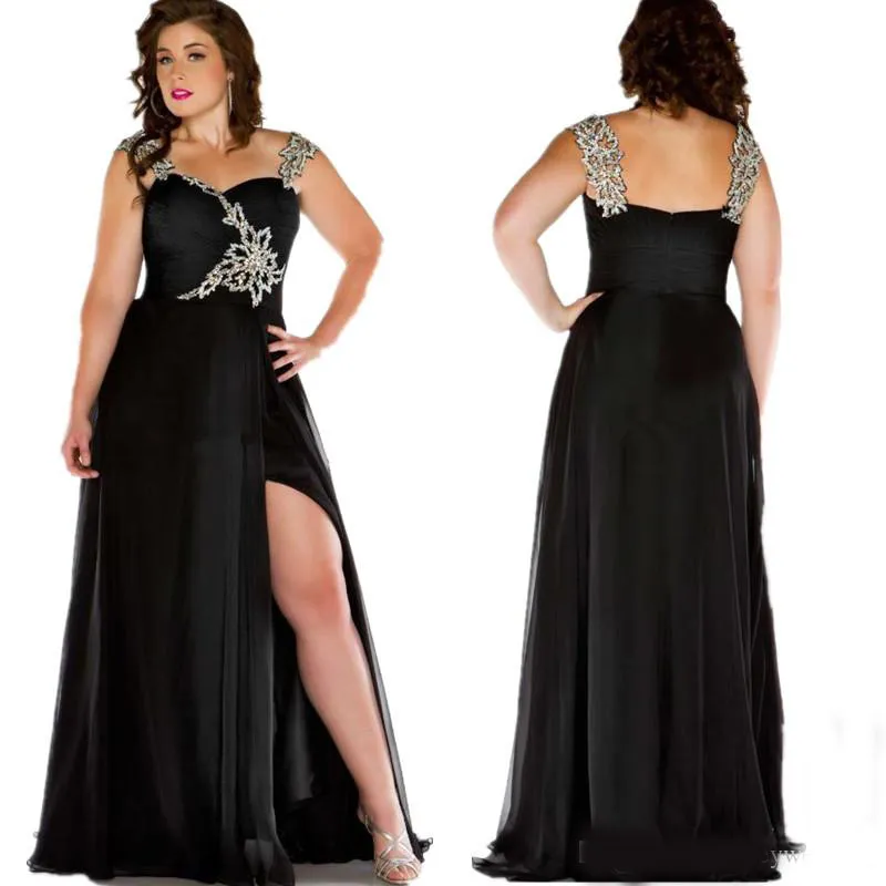 Black Plus Size Dresses Evening Wear Spaghetti Straps Pleats Beaded Chiffon Maxi Special