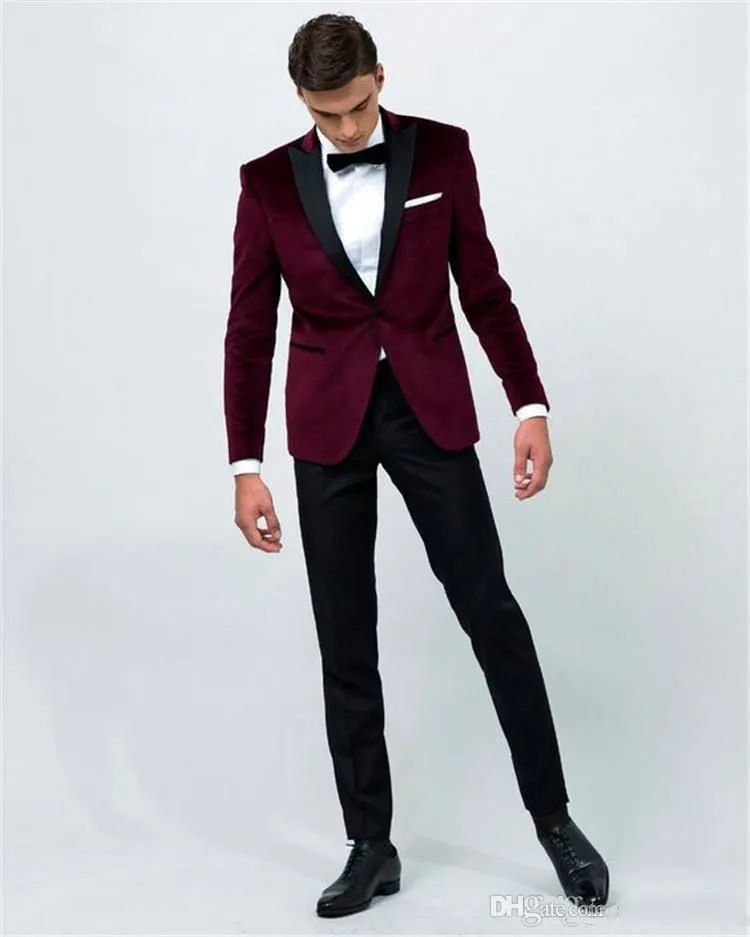 2020 Borgonha Casamento Ternos Do Noivo Smoking Preto Pico Lapela Guarnição Fit Um Botão de Dois Homens Da Peça Ternos Do Partido À Noite (Jacket + Pants + Tie)