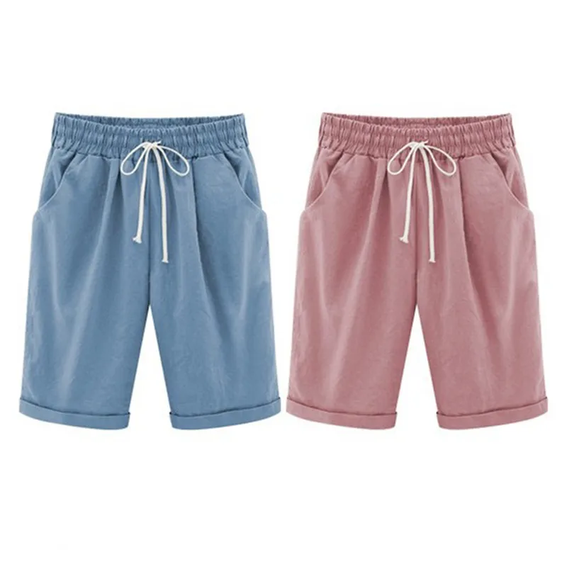 Pantalones cortos de verano de talla grande para mujer, pantalones cortos holgados de algodón cómodos elásticos de Color caramelo para mujer de talla grande