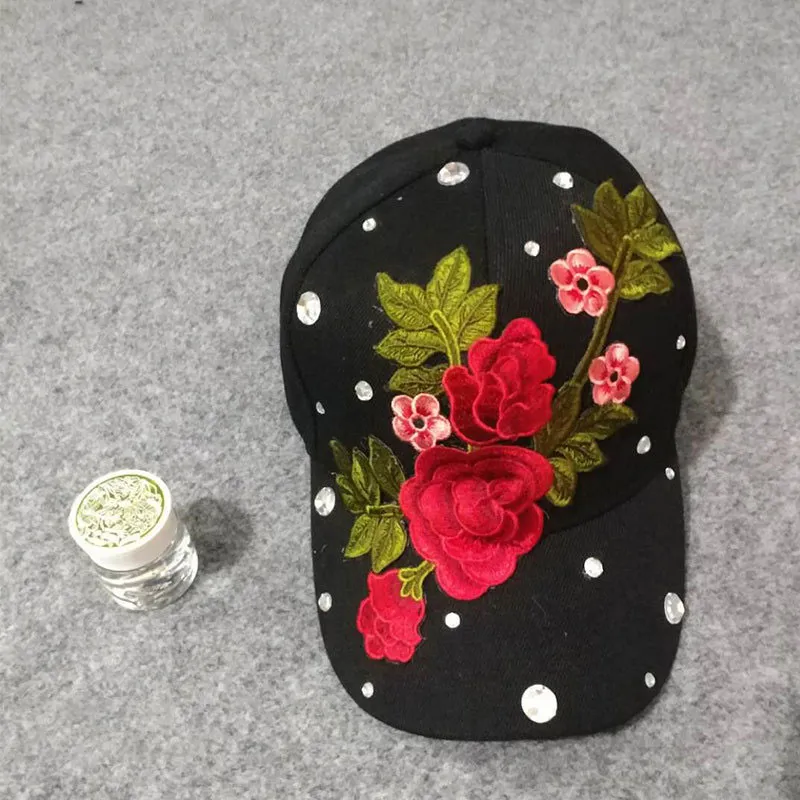 Fashion-Baseball Cap Hat Rose Flower avec Diamond Femme Casual Caps Simple Sun Hat Travel Sunshade Hats