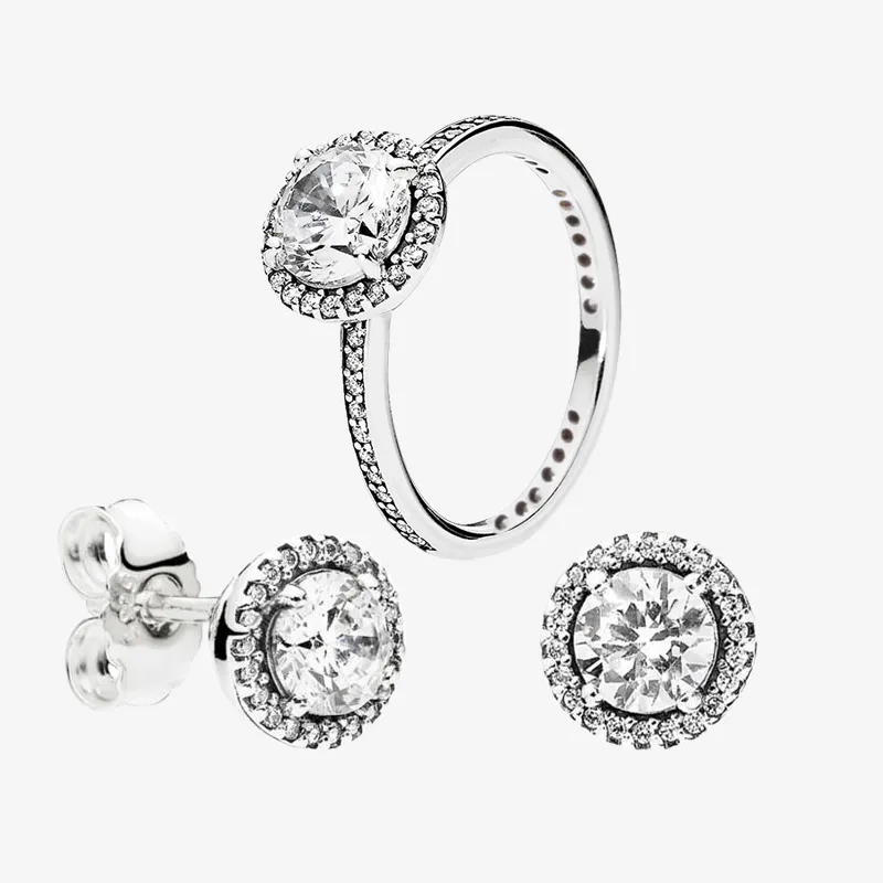 Conjuntos de ANEL e BRINCO de Diamante CZ Grandes 925 Jóias de Prata Esterlina para Pandora elegantes Anéis de Casamento Feminino Conjunto de Brincos com caixa Original