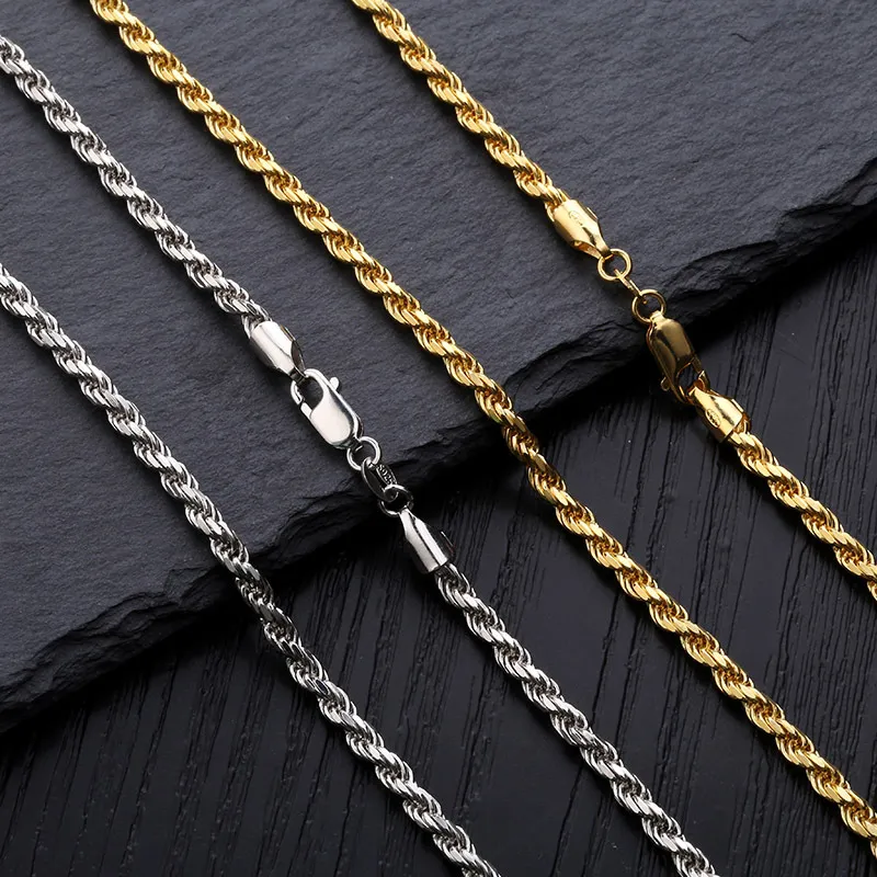 18k Gold White Gold Plated 925 Sterling Silver Chain Halsband 3mm 18 22 ROPE CHAIN ​​Hip Hop Rapper Jewelry Gift220d