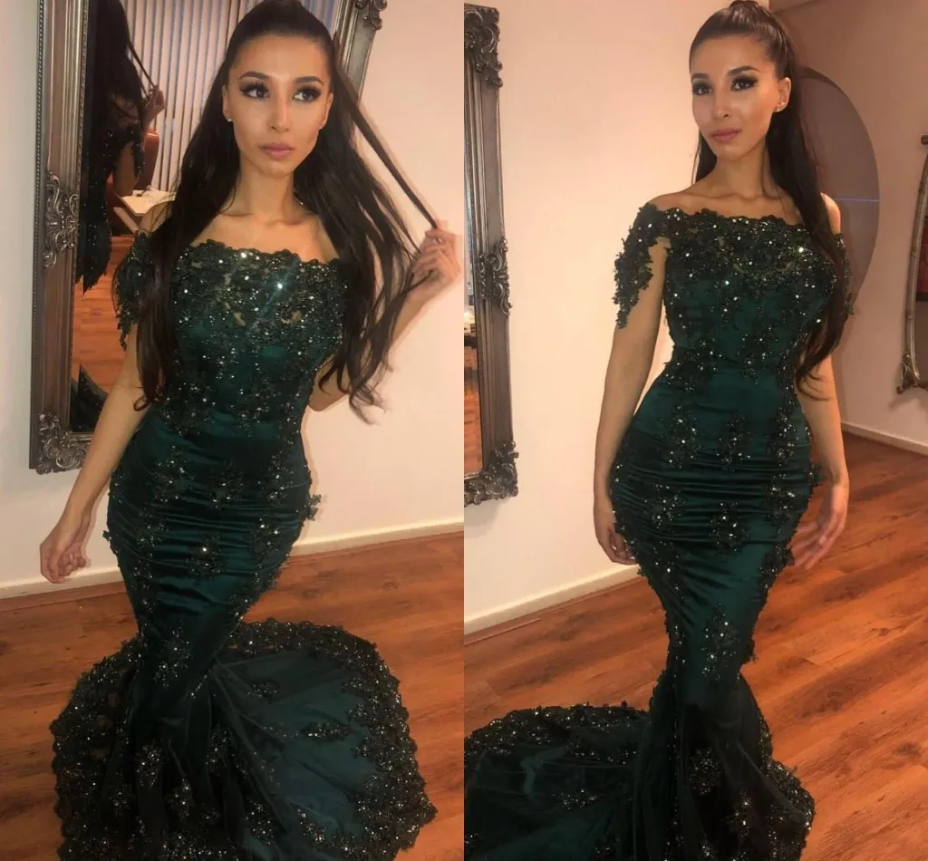 Nowy Sexy Hunter Green Mermaid Suknie Wieczorowe Dla Kobiet Noszę Off Ramię Koronki z Kwiatami Kryształ Zroszony Formalna Prom Sukienka Party Suknie