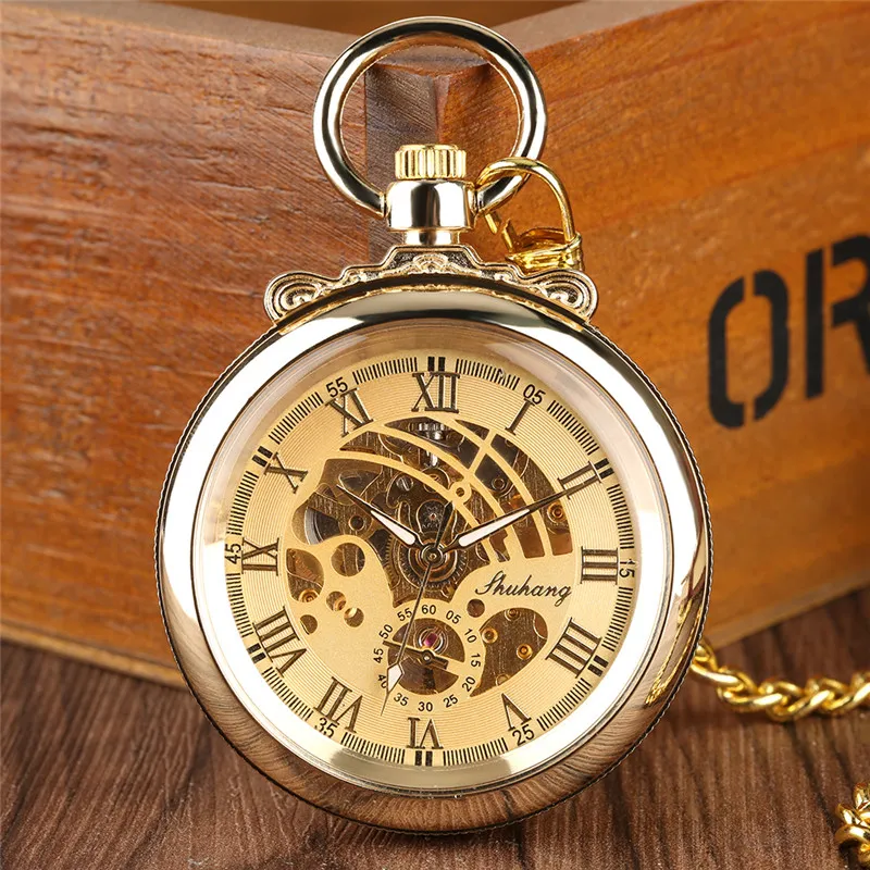 Reloj Rtero Vintage esqueleto cuerda manual relojes de bolsillo mecánicos hombres mujeres reloj dorado FOB colgante cadena regalo