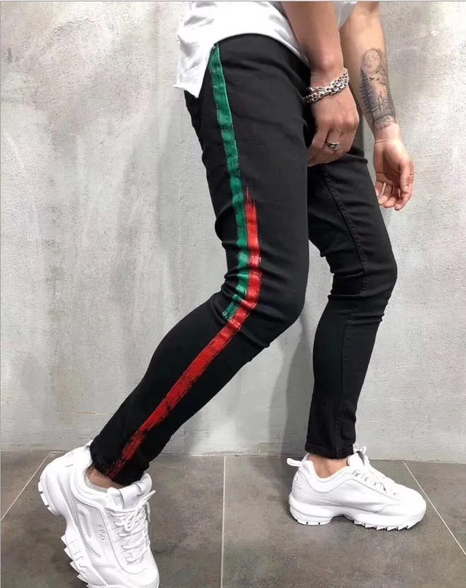 Jeans da uomo nuovi di zecca Pantaloni da uomo a strisce rosse gialle strappati skinny firmati da uomo Jeans da motociclista slim elasticizzati da uomo2796