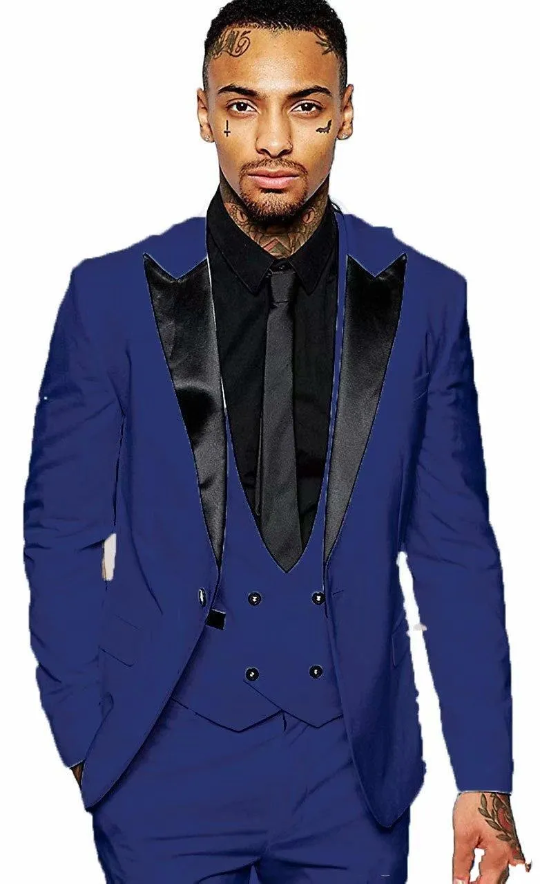 Mode Royal Blue Groom Tuxedos Black Peaklapel Män Bröllop Tuxedos Män Jacka Blazer Utmärkt 3 Piece Suit (Jacka + Byxor + Tie + Vest) 832