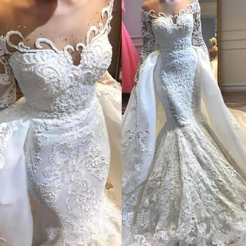 Dubai Arabski Sheer Długie Rękawy Syrenki Suknie Ślubne Koronki Aplikacja Zroszony Plus Size Wedding Suknie ślubne z odłącznym pociągiem Vestidos