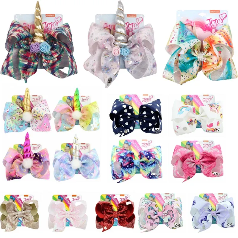 8 inch JOJO bow girl hair bows Flowers Rainbow Mermaid Unicorn Design Girl Clippers Girls Hair Clips Hair Accessory