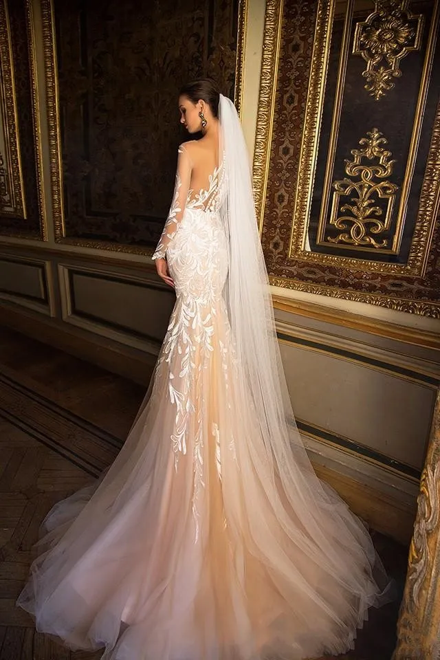 modest wedding dresses long lace sleeves DreamDress By PMN Aiyana Fit & Flare Wedding Dress Gown Removable Overlay Floral Embellishment Couture French Lace Sweep Train