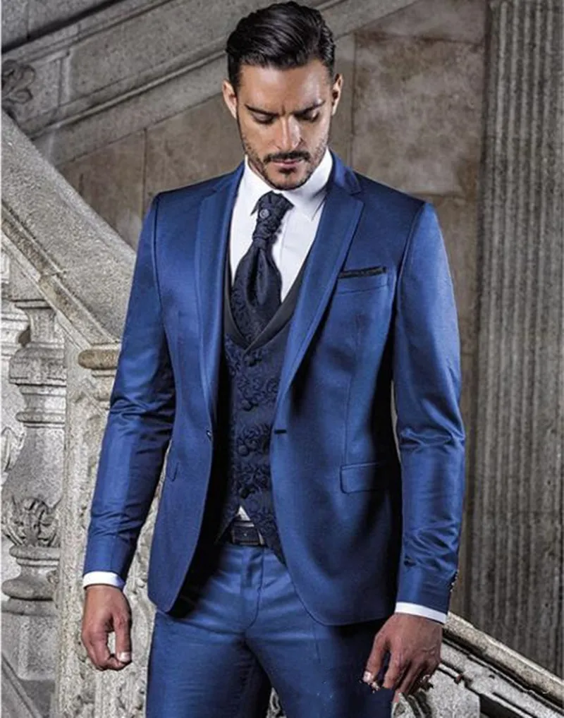 Nouveau Haute Qualité Un Bouton Bleu Marié Tuxedos Encoche Revers Hommes De Mariage Costumes De Bal D'affaires (Veste + Pantalon + Gilet + Cravate) 629