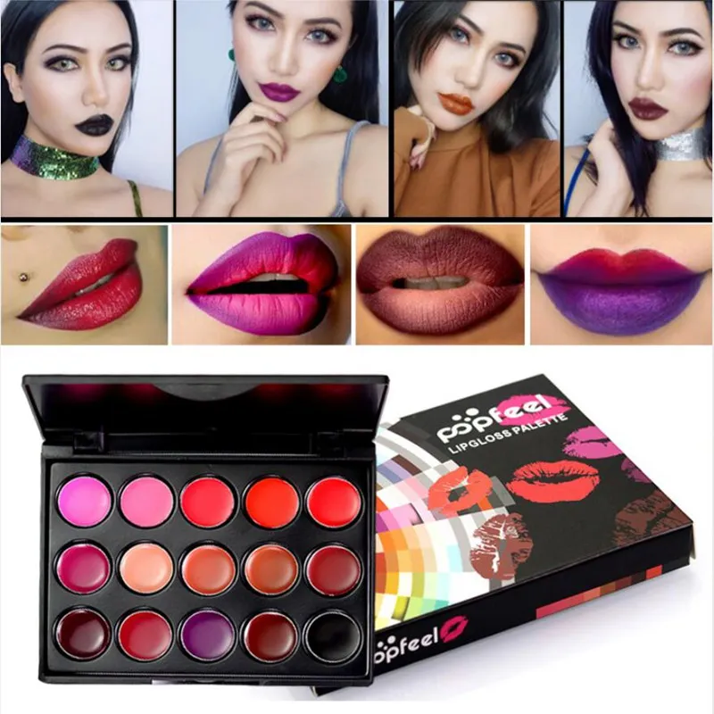 Nouvelle Arrivée popfeel 15 Couleurs Beauté Maquillage Rouge À Lèvres Brillant À Lèvres Cosmétique Ensemble Hydratant Mode Rouge À Lèvres Palette drop ship