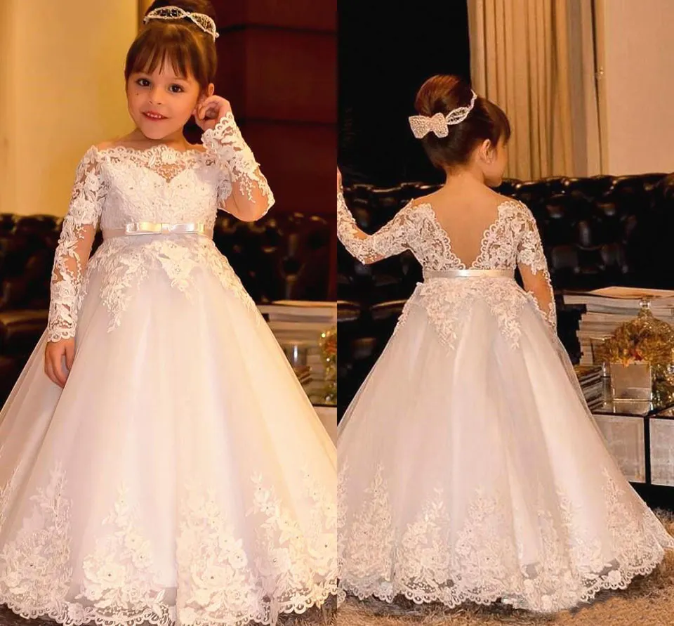 Dentelle Fleur Fille Robe À Manches Longues Bateau Cou Arc Ceinture Une Ligne Longueur De Plancher Enfants Tenue De Cérémonie pour La Fête De Mariage Taille Personnalisée