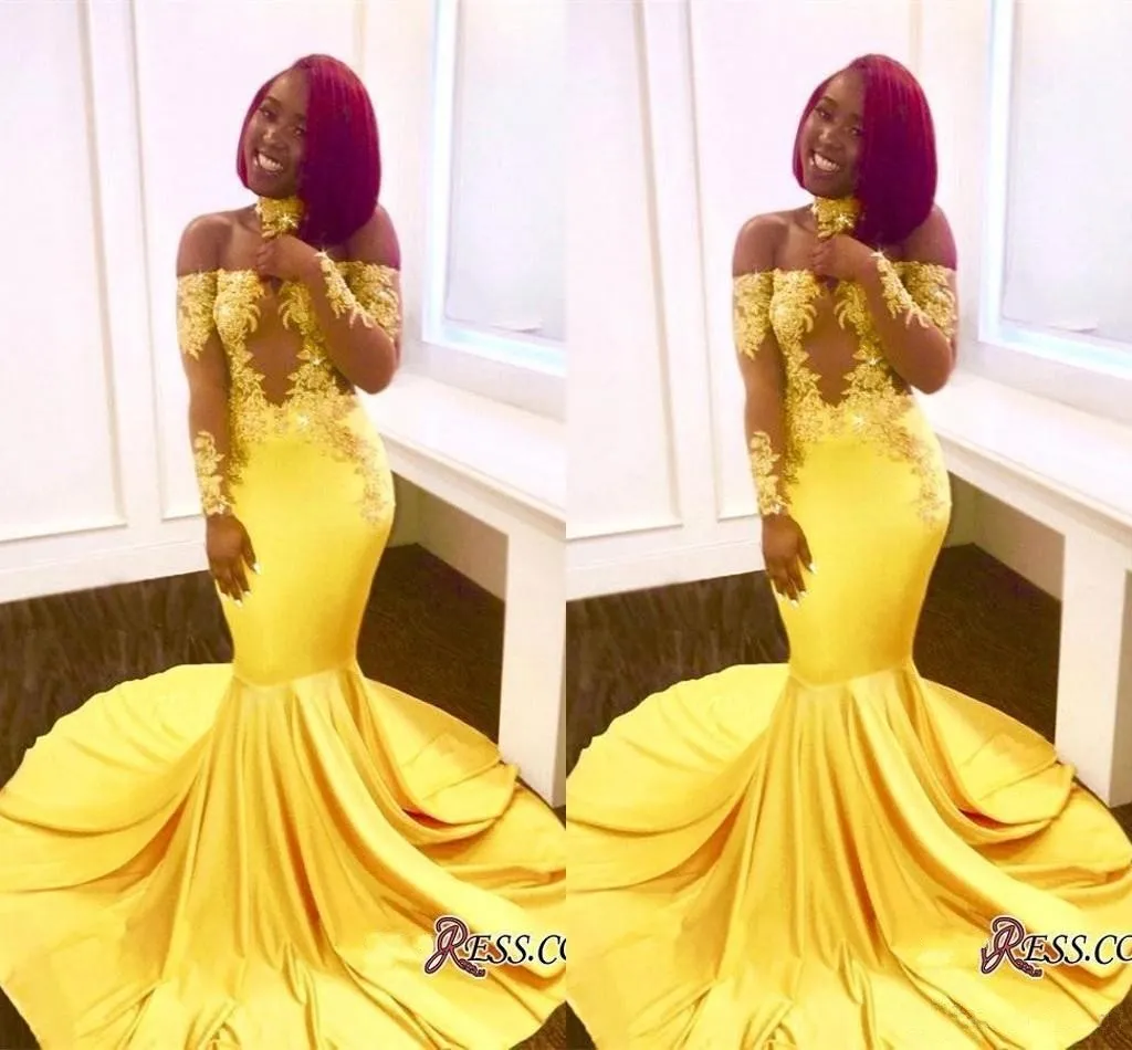 Najnowsze Design Sexy African Suknie Suknie Bateau Neckline Sheer Z Długim Rękawem Illusion Cleavage Mermaid Chapel Train Yellow Prom Dresses 2019