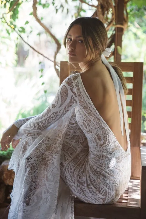 Elegant Lace Applique Ivory Lace Mermaid Dress with Sweep Train and Jewel Neckline, Backless for A Perfect Beach Wedding