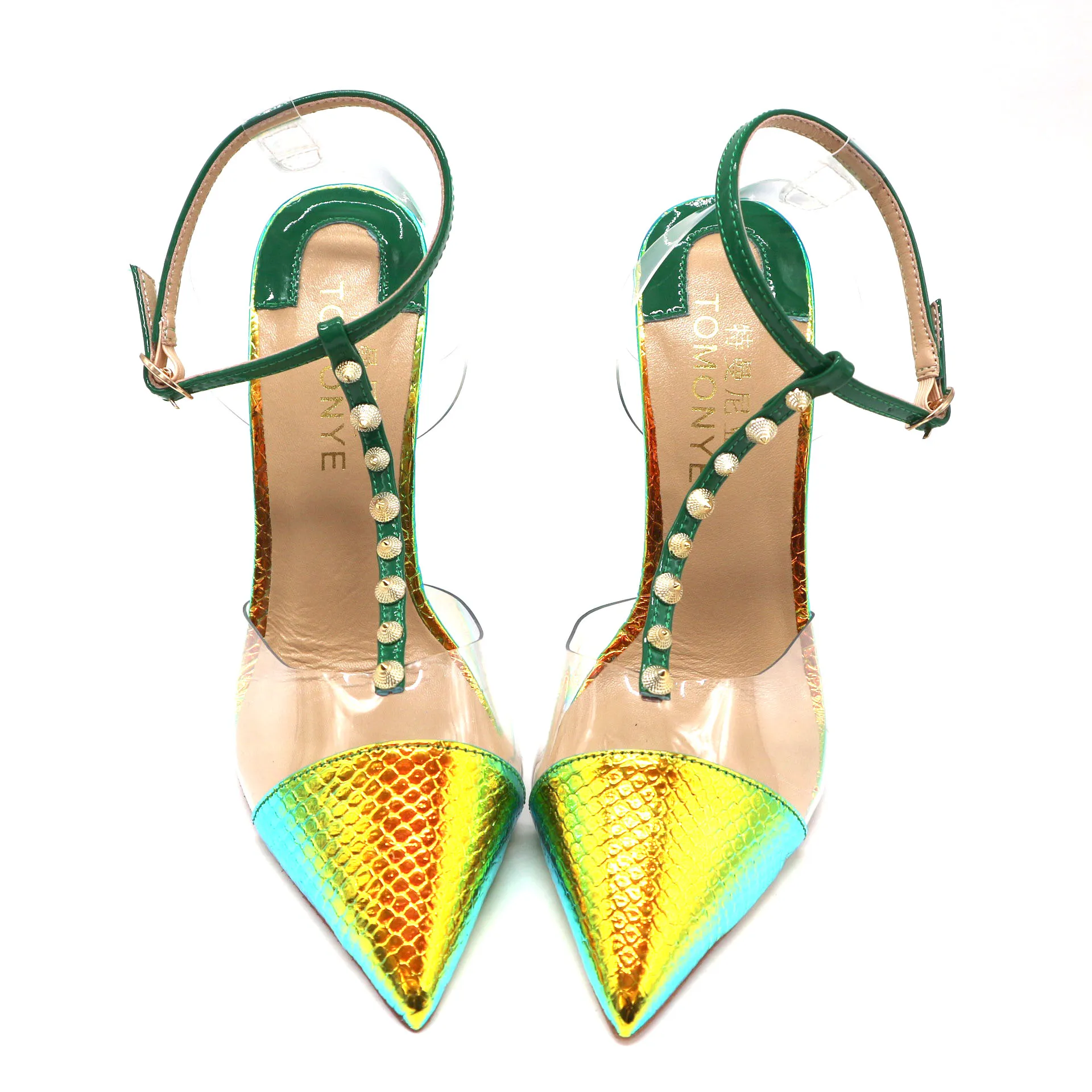 Envío gratis diseñador de moda bombas tacones puntiagudos amarillo verde serpiente pitón T correa con espiga correa de tobillo mujer dama mujer verano