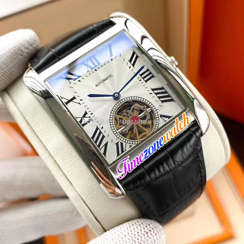 Nuovo W5330003 Tourbillon Orologio automatico da uomo Cassa in acciaio Quadrante bianco Texture Marcatori romani neri Cinturino in pelle nera Fuso orario orologio E191b2