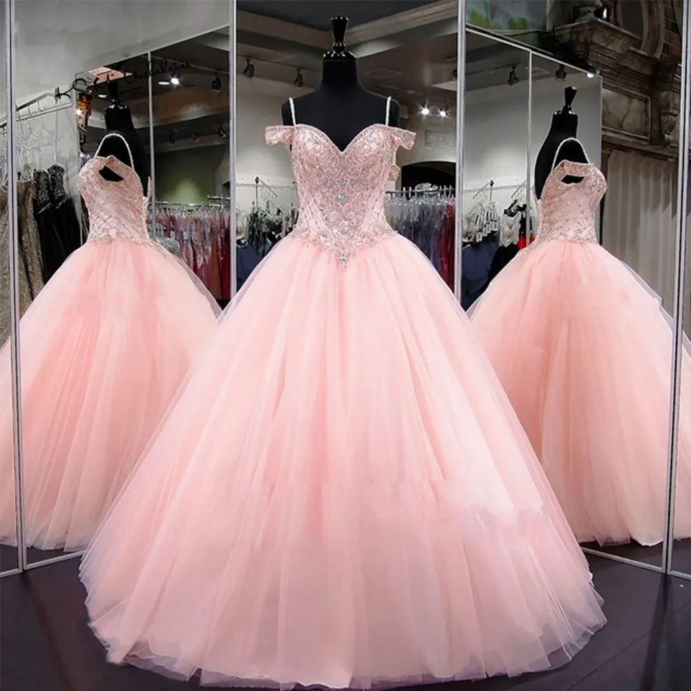 Light Pink Tulle Sweet 16 Dresses Ball Gown Off The Shoulder Beading Crystal Sequin Draped Quinceanera Dress Prom Graduation Dresses 2019