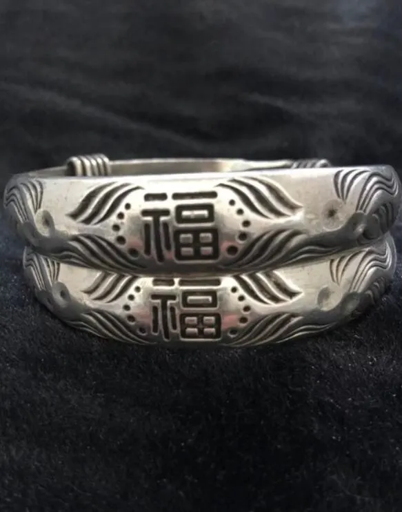 Old Handwork Miao Silver Carve China Adjust Pair fu Bracciale