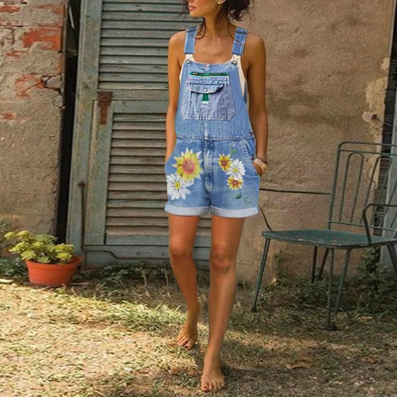 Womens Denim Jumpsuits Floral Printed Sleeveless Summer Overalls Sexy Jeans Casual Pocket Spring Autumn Rompers Bodysuit Women