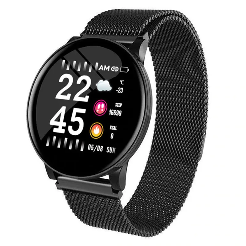 W8 Smart Watch Homens à prova d'água Mulheres Pressão Sanguínea Atividade Atividade Tracker Pedômetro Esporte Fitness Inteligente Relógios Aço Inoxidável Aperte