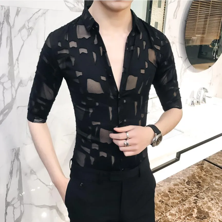 2019 Mężczyźni Koszula Wiosna Hollow Lace Patchwork Z Długim Rękawem Koszula Mężczyźni Streetwear Męskie Koszule Casual Slim Fit Night Club Dress Tuxedo