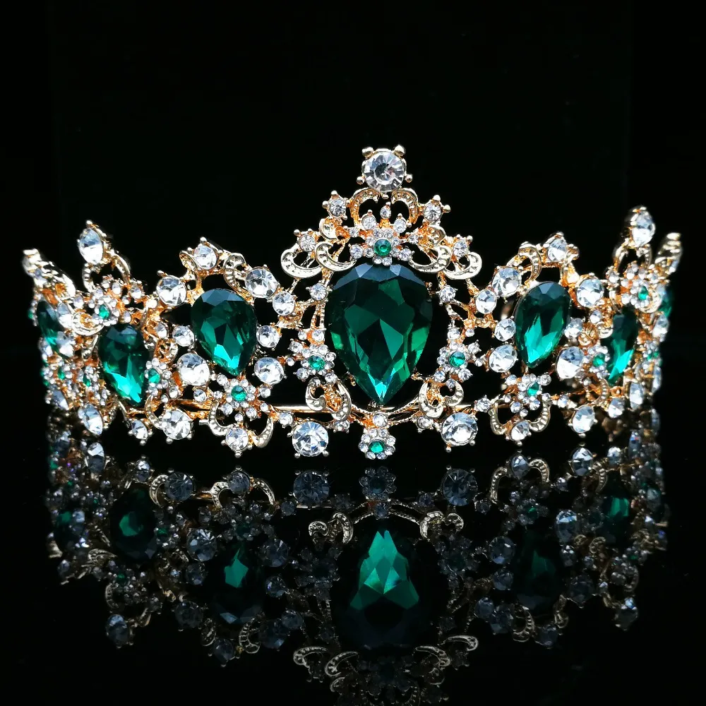 Couronnes de diadème royales baroques Vintage, vert, bleu, rouge, couronne de reine, bandeau de mariée en or, diadème de mariage pour femmes, bijoux de cheveux