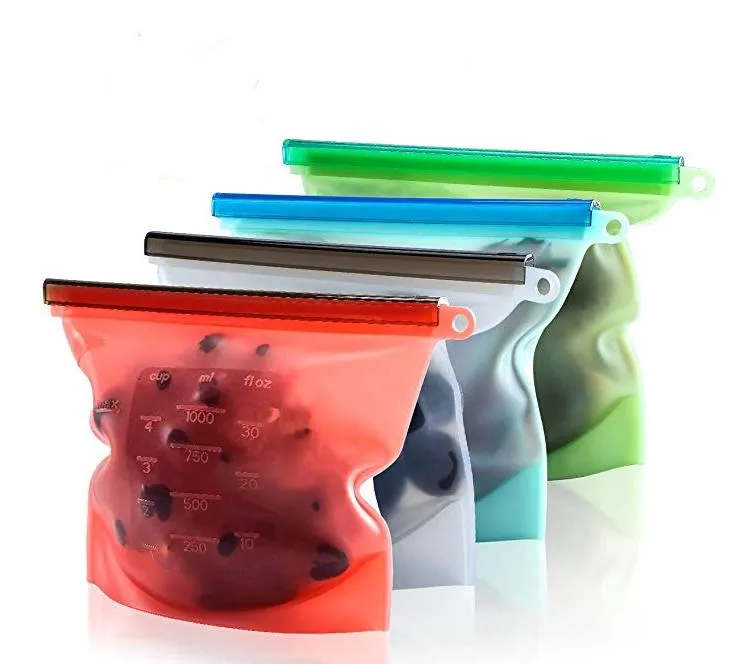 Reusable Grocery Silicone Food Bags Fresh Lunch Bag Sandwich Snack Liquid Freezer Bags Airtight Seal vegetable fruit Storage Bags 1000ml