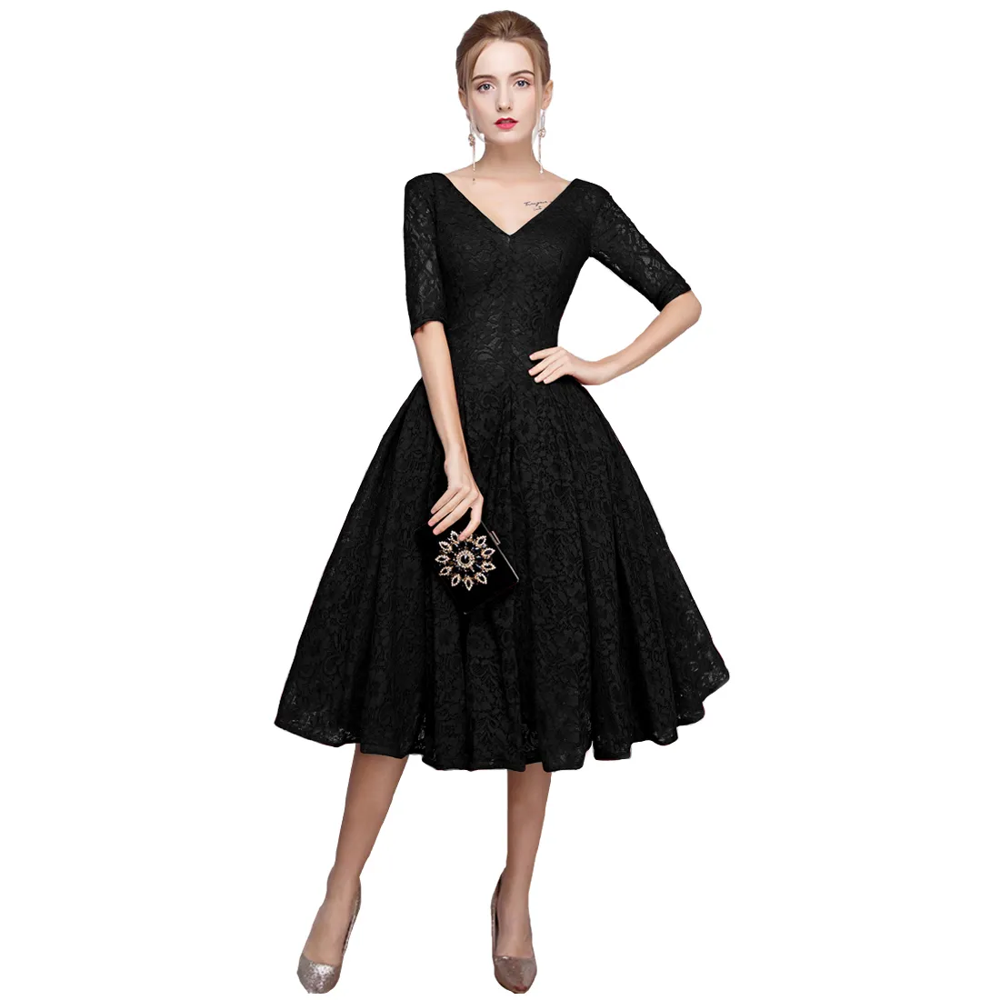 Dark Red Vintage Lace of Quinceanera Dress with V-Neck and Short Sleeves - Tea Length, Short Length - Perfect for Bridal, Bridesmaid, Party and