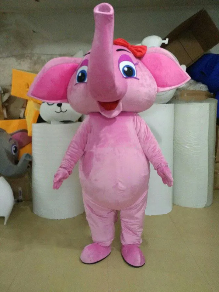 Pink Elephant Mascot Costume With Red Bow – Full Body... From ...