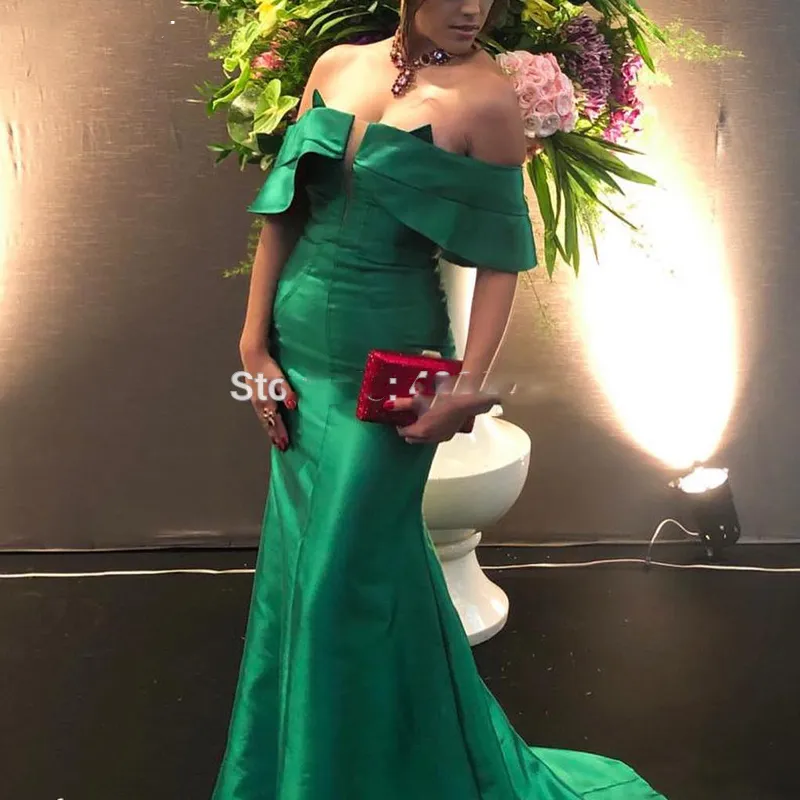 Satin épaule dénudée sirène vert émeraude Robe de soirée 2019 Robe de soirée vestidos de fiesta de noche largos elegantes