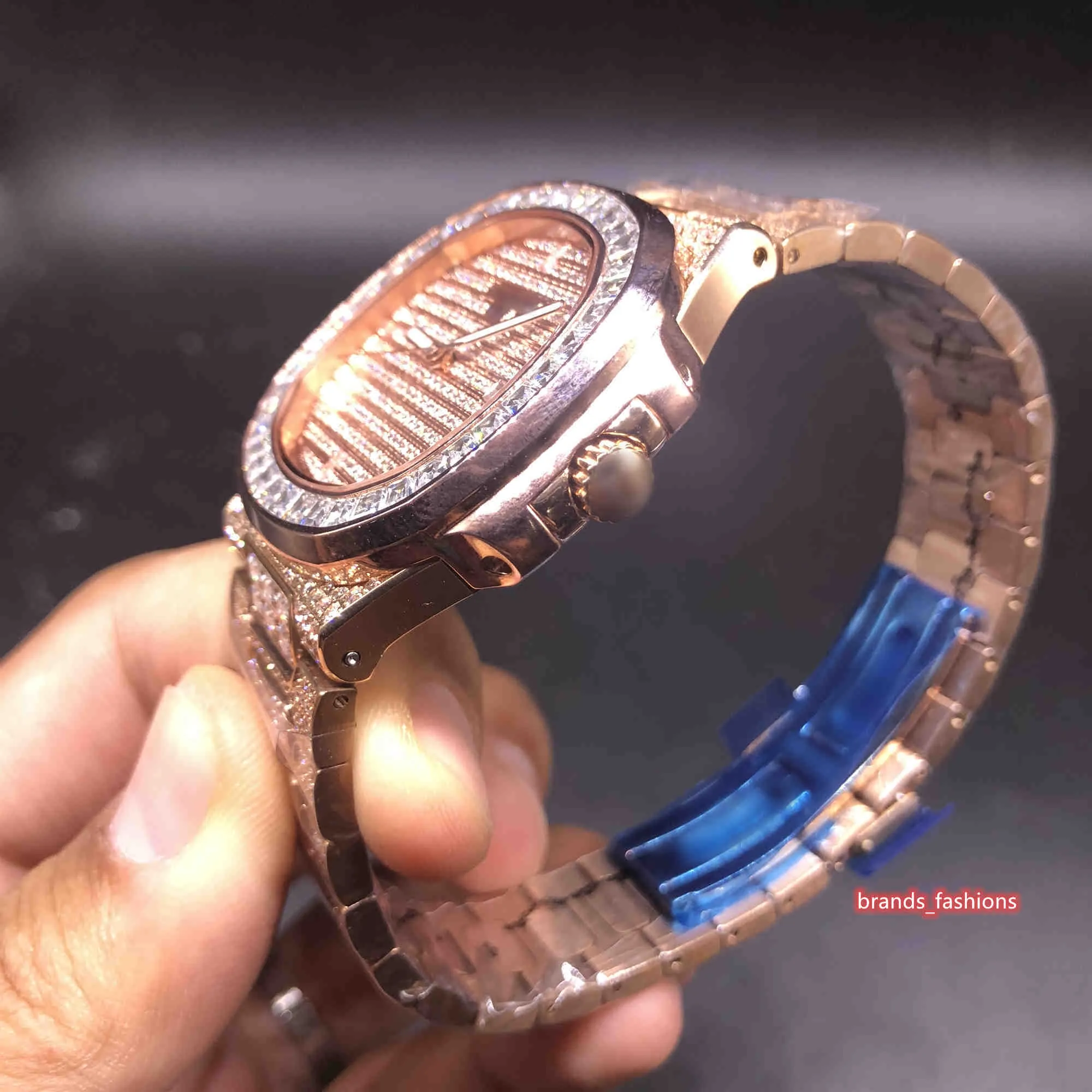 MoissaniteMen's Iced Diamond Watch Or Rose Boîtier En Acier Inoxydable Montre Full Diamond Strap Montres Montre Mécanique Automatique Diamond Face2023