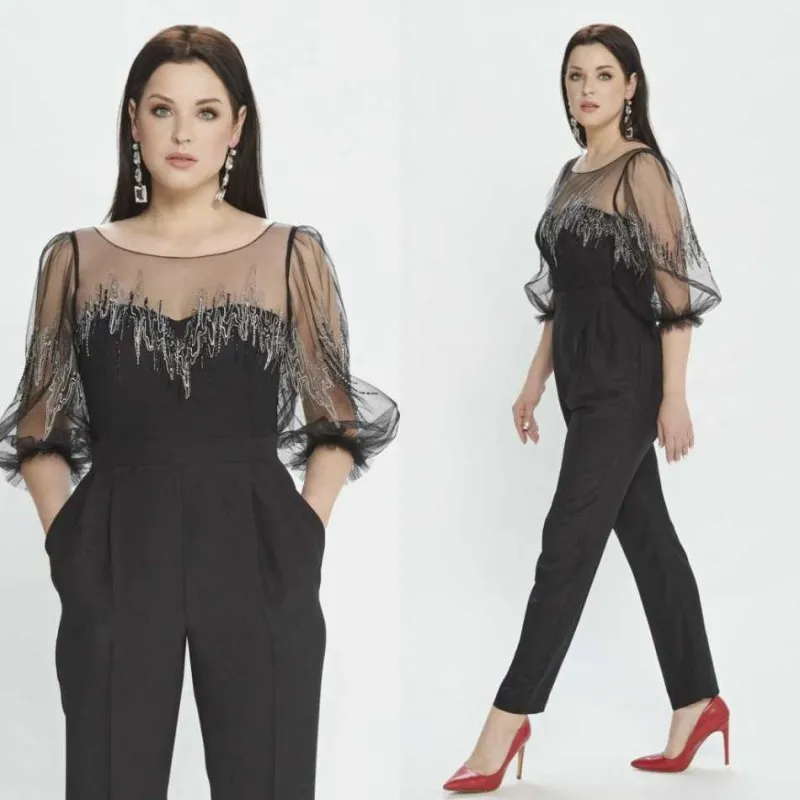 Papilio 2019 Preto Mãe Da Noiva Calça Terno Meia Manga Beads Plus Size Mulheres Prom Evening Desgaste Formal Pantsuit Vestuário